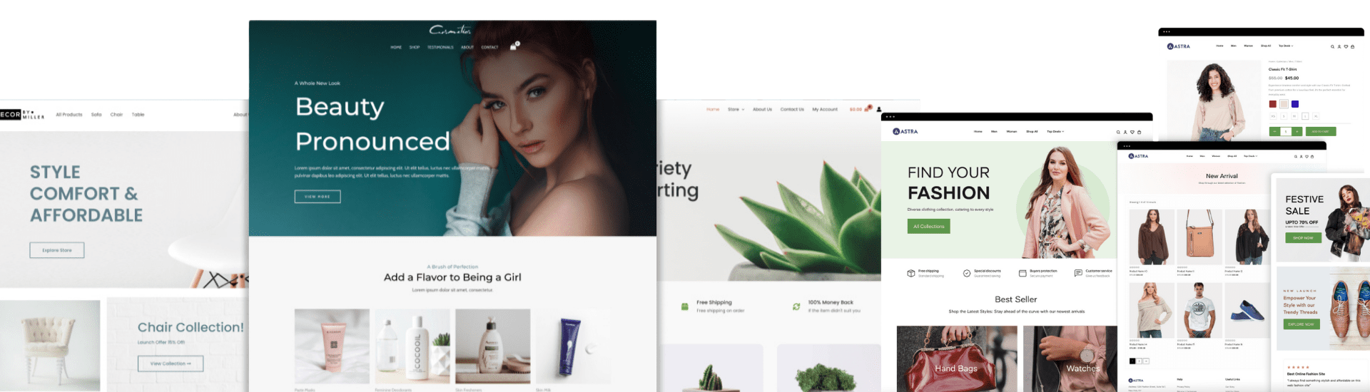 A split-screen image showcasing a beauty website with a model on the left and succulent plants on the right, highlighting skincare products and natural aesthetics.