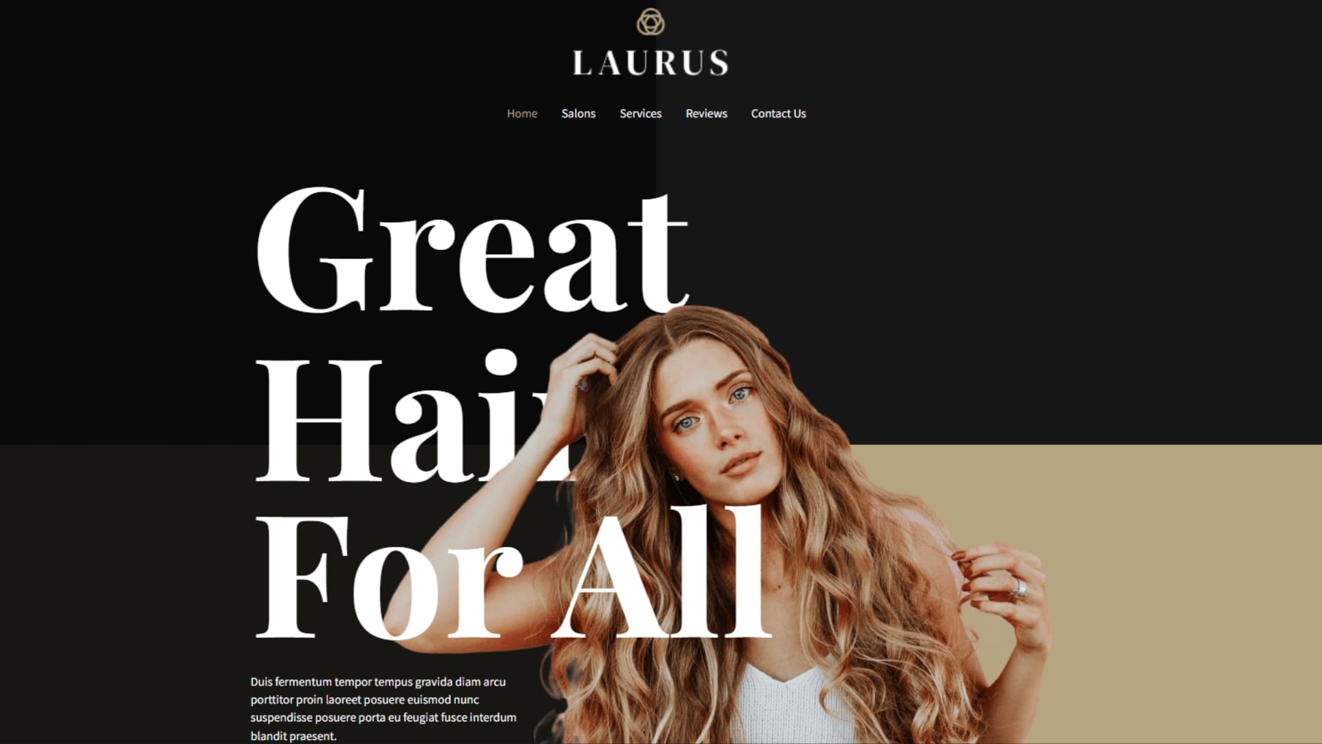 A woman with long, wavy hair looking confidently at the camera, promoting hair care and styling services on the Laurus website.