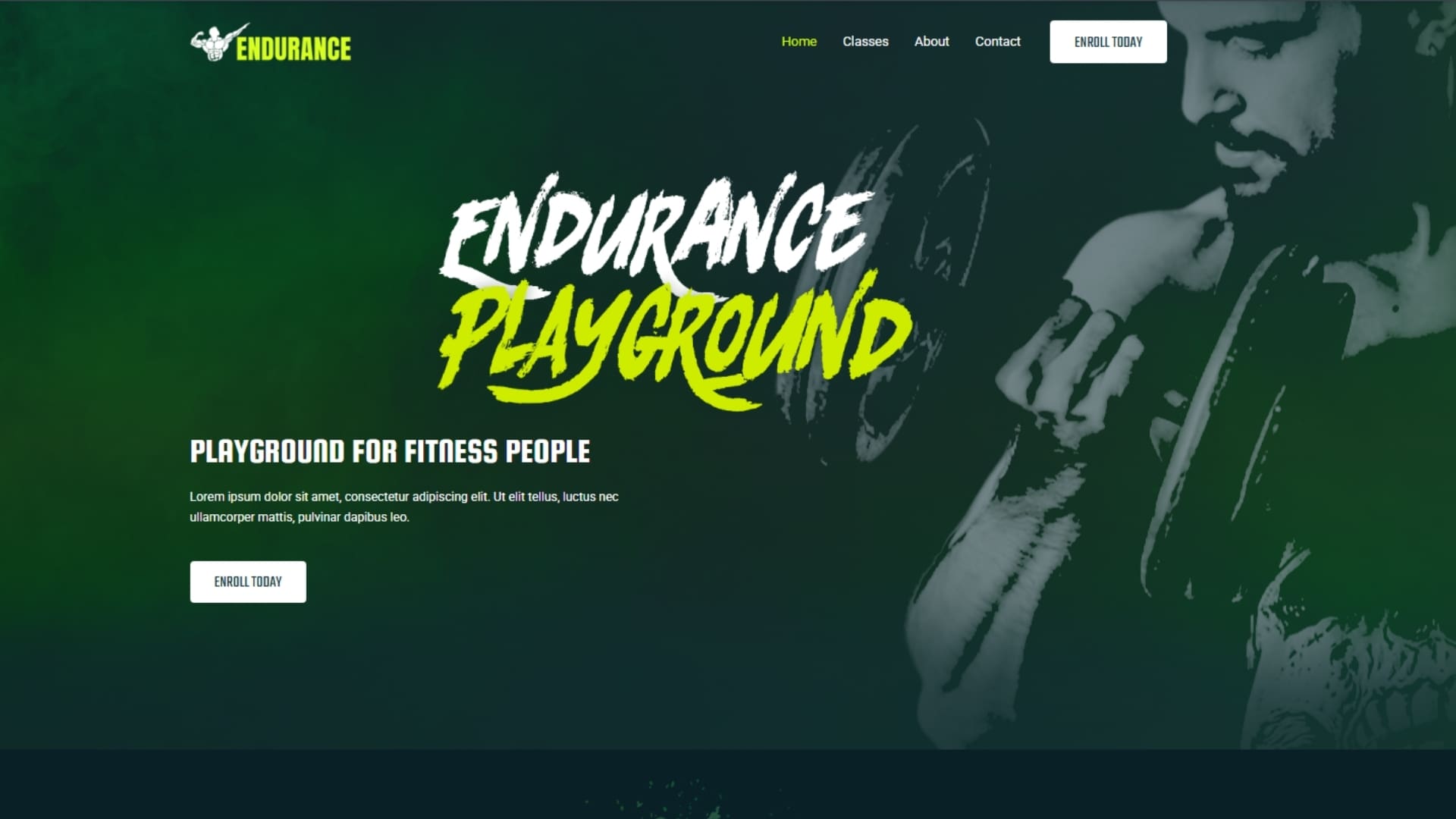 Alt text: Engaging website homepage for "Endurance Playground," featuring bold text and a dynamic design aimed at fitness enthusiasts, promoting an active lifestyle and fitness community.