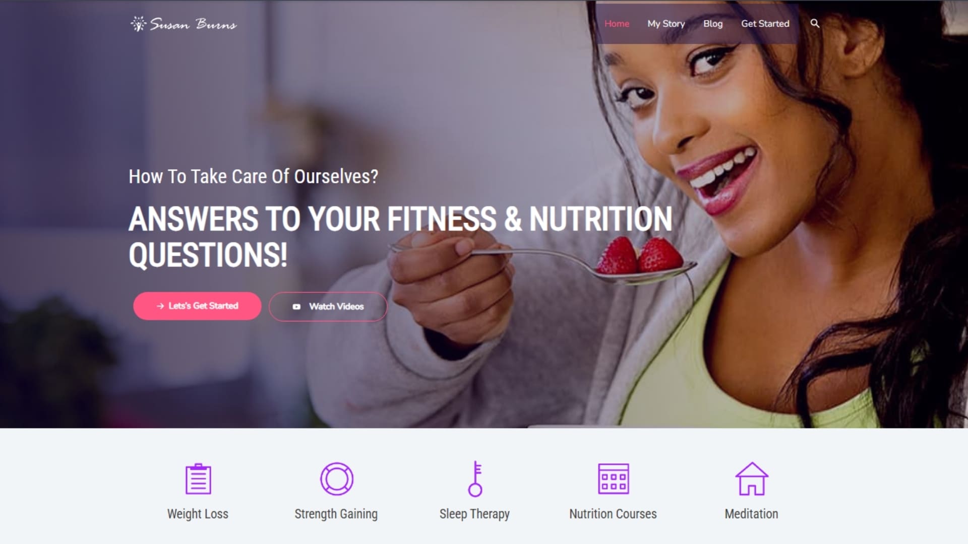 Smiling woman enjoying healthy strawberries, promoting fitness and nutrition services on a wellness website.