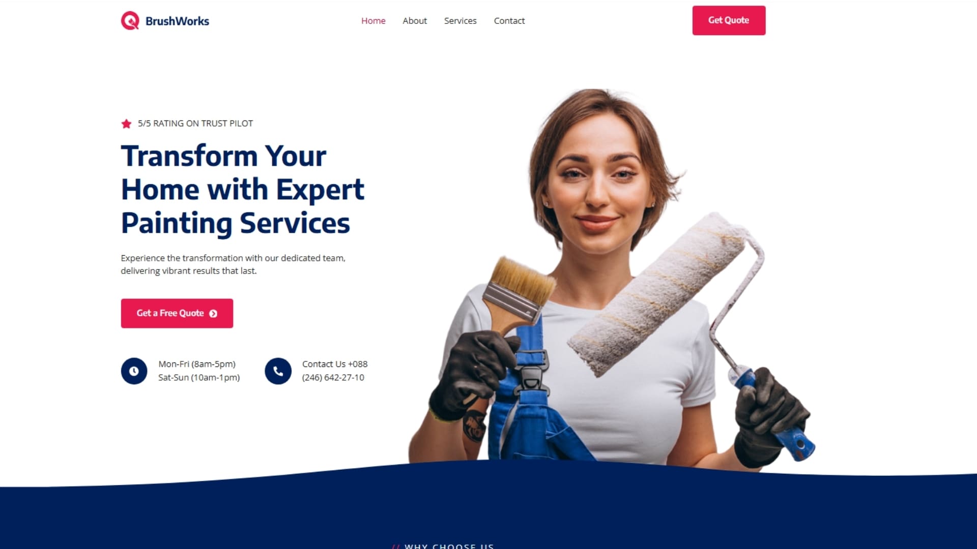 A woman holding a paint roller and paintbrush, ready to provide professional painting services for home transformation. Ideal for a page focused on home improvement and renovation.