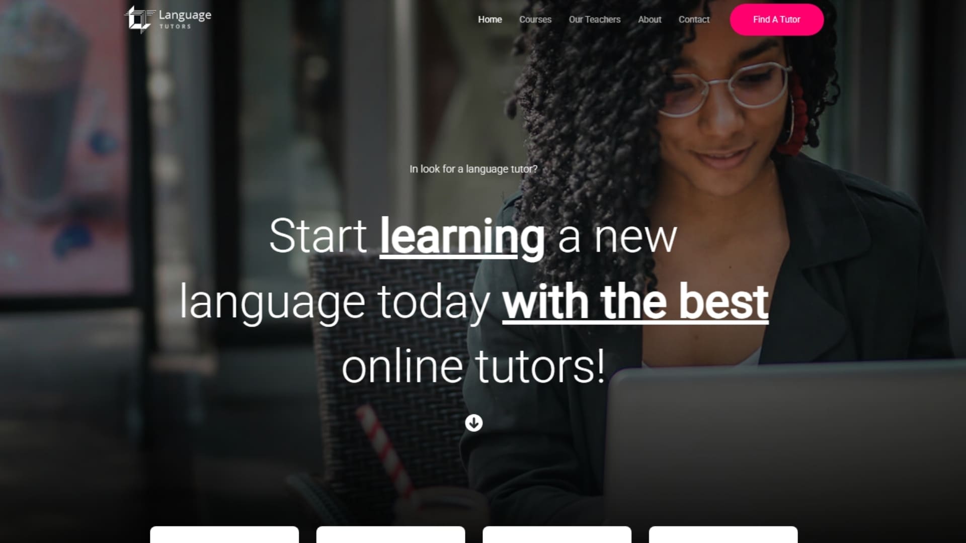 A woman with curly hair studying on a laptop, promoting online language learning with top tutors.