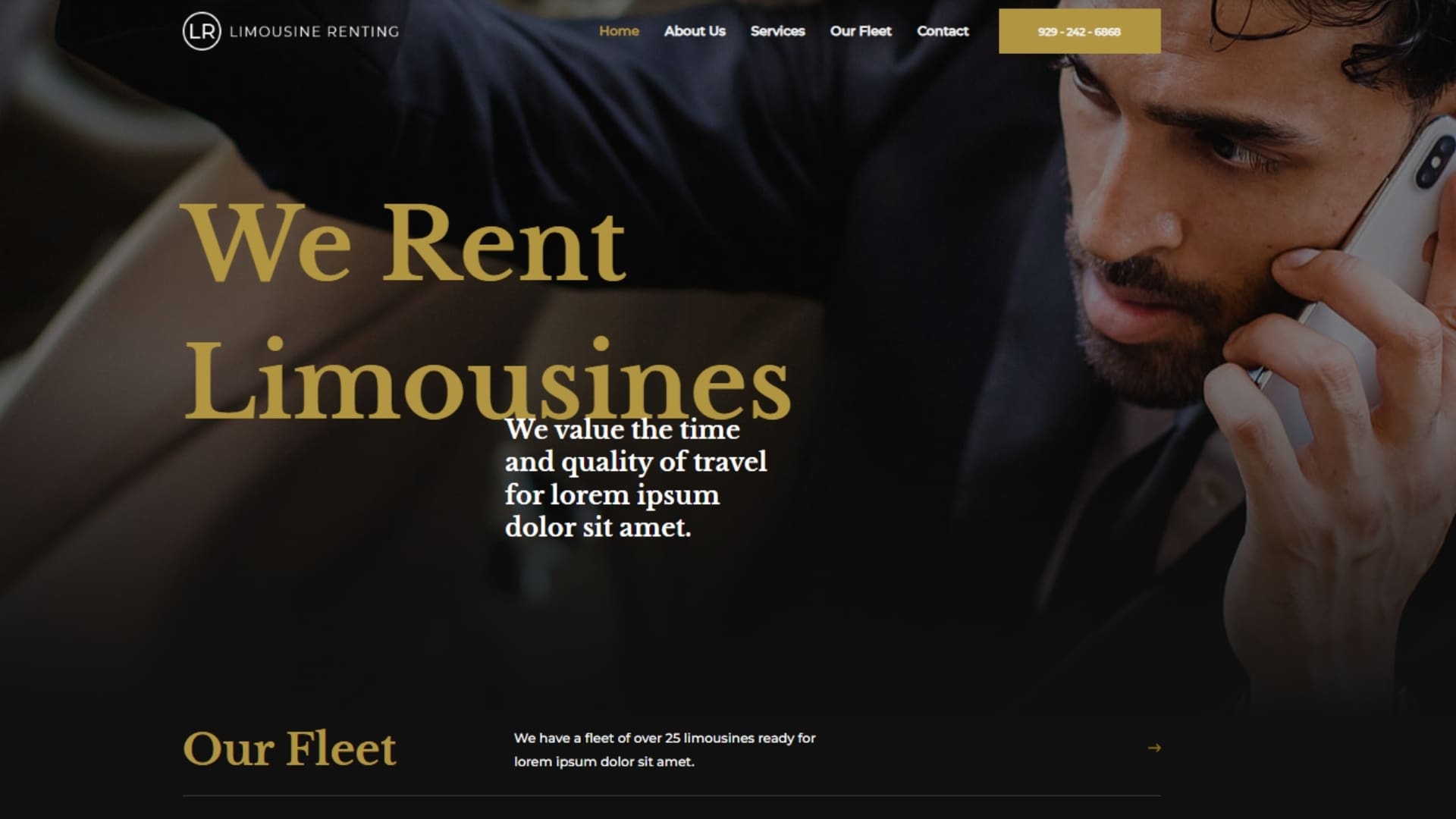 Alt text: A professional man in a suit, sitting in the back of a luxurious limousine, highlighting premium travel services for special occasions on the limousine rental website.