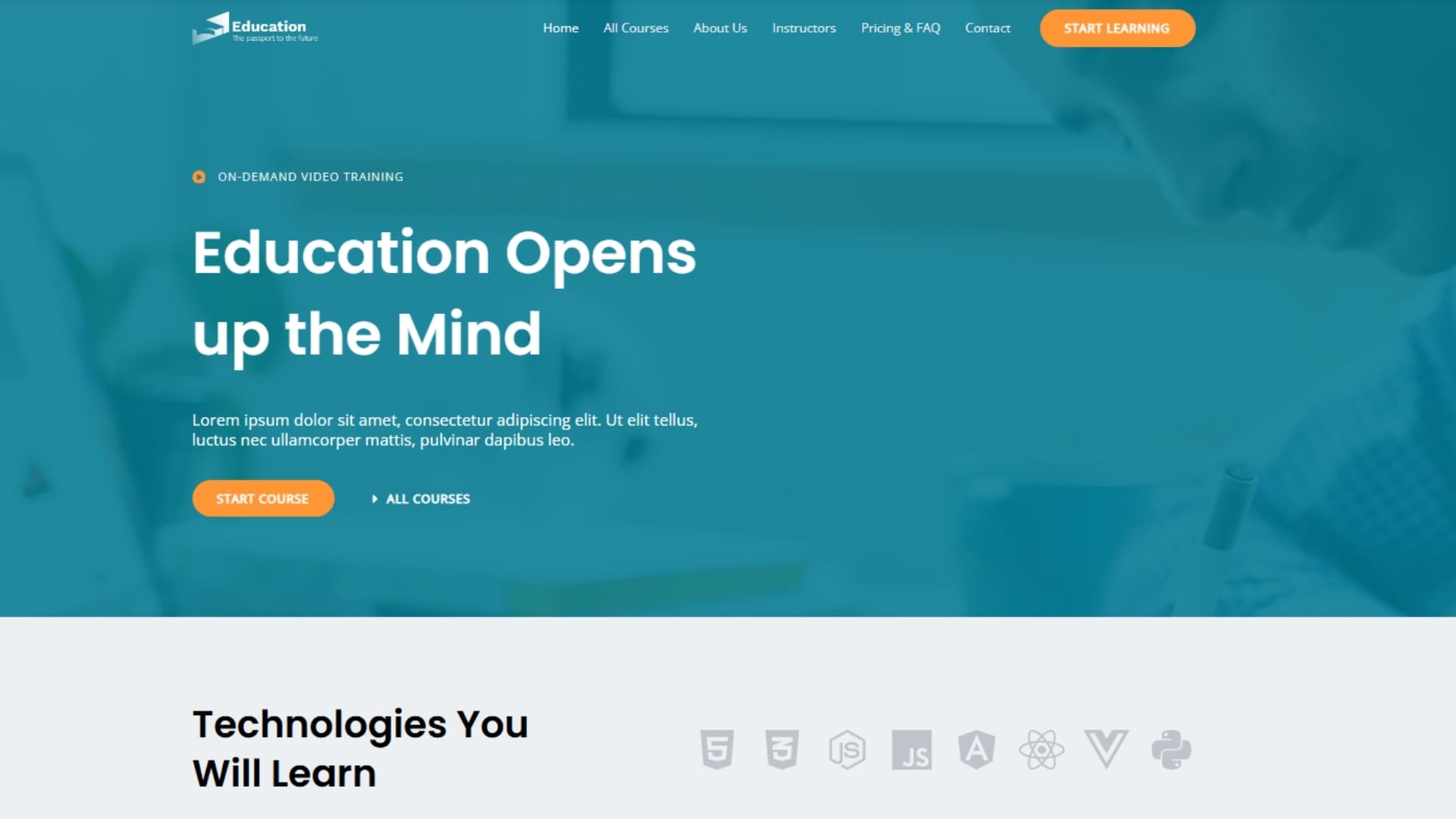A modern website homepage featuring a vibrant blue background with the text "Education Opens the Mind," highlighting the importance of learning. The design includes sections for various technologies that users can explore and learn about.