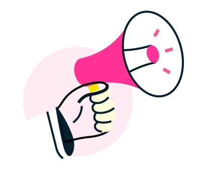 A hand holding a pink megaphone, symbolizing communication and announcements in a marketing context.