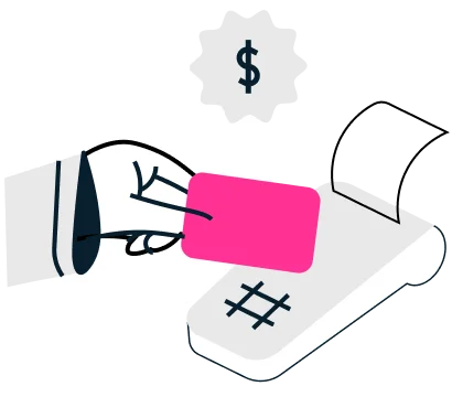 Hand holding a pink credit card over a payment terminal, symbolizing online transactions and secure payments for e-commerce platforms.