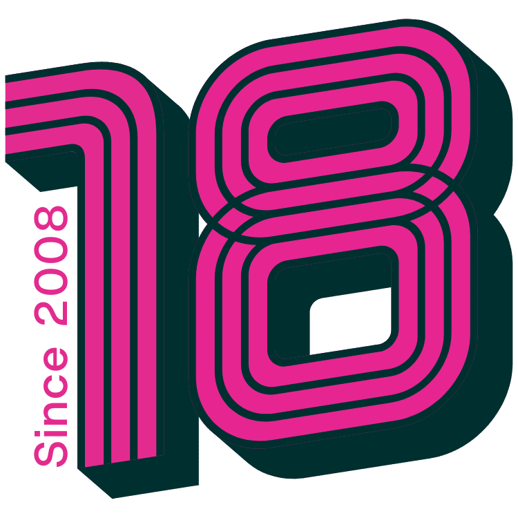 Colorful graphic design featuring the number "18" and the text "Since 2008," symbolizing the brand's 18-year anniversary. Suitable for celebration or milestone-related content.