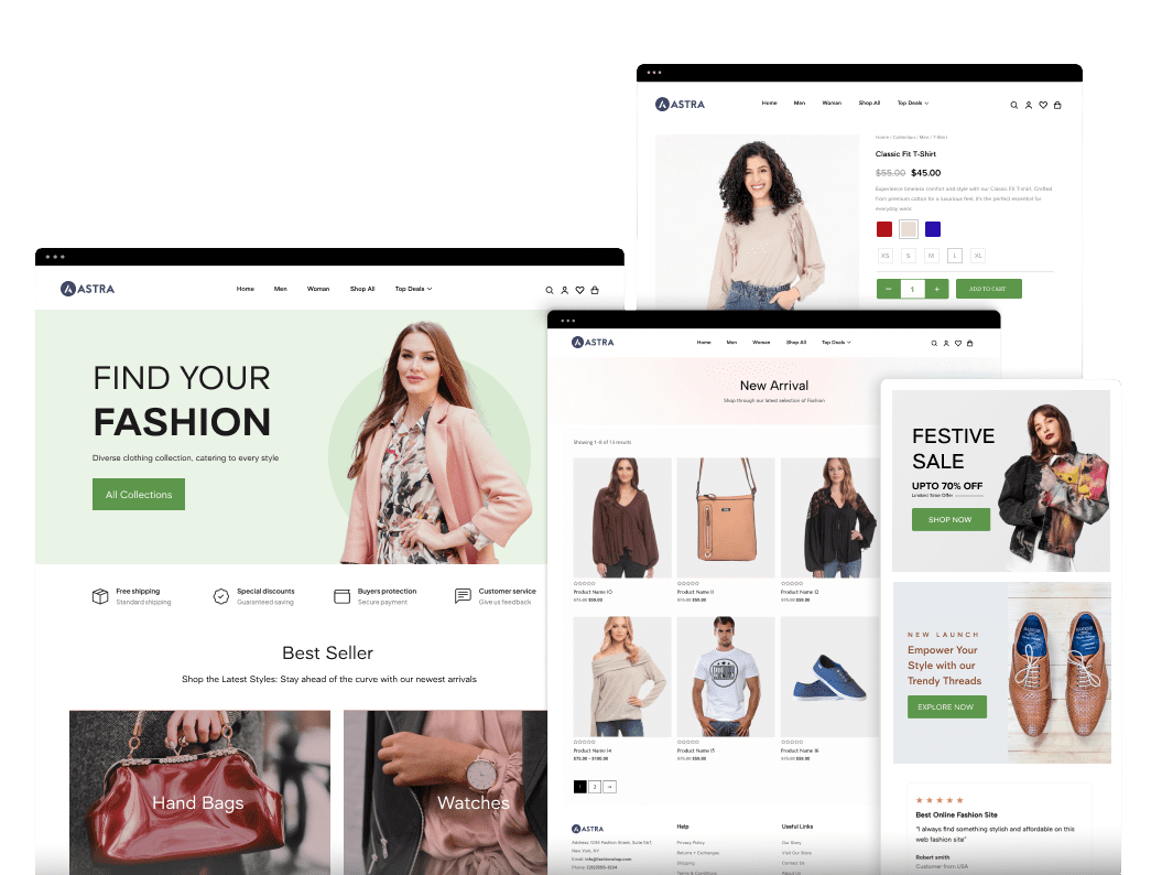 Collage of fashion e-commerce website designs showcasing various clothing and accessory options, highlighting seasonal sales and promotions for online shoppers.