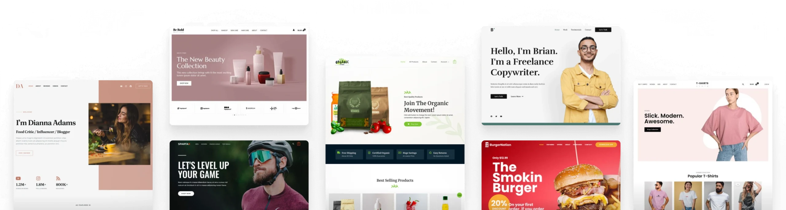 A collection of website screenshots showcasing organic food products and healthy living. The images highlight various layouts and designs, emphasizing user-friendly navigation and vibrant product displays, ideal for promoting an organic lifestyle.
