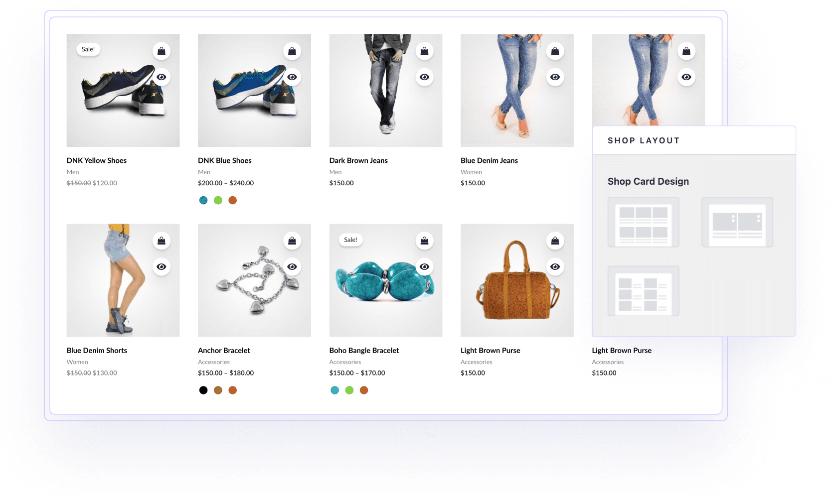 A stylish online shopping page displaying a variety of women's clothing and accessories, including jeans, bracelets, and handbags, ideal for fashion enthusiasts looking to update their wardrobe.