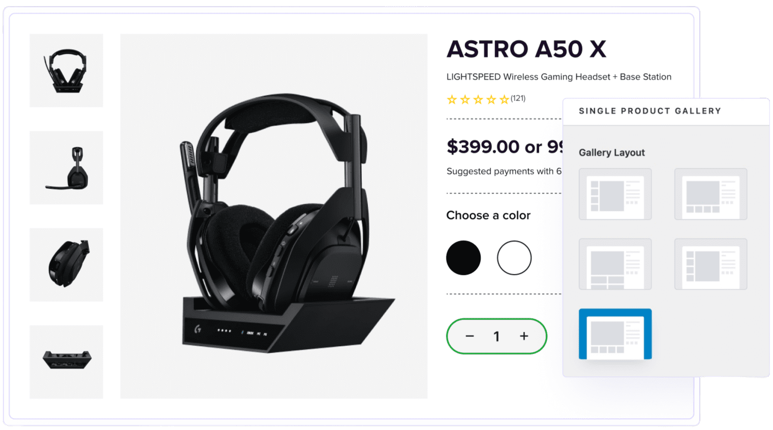 Wireless gaming headset ASTRO A50 displayed with charging dock and pricing information, ideal for immersive gaming experiences.