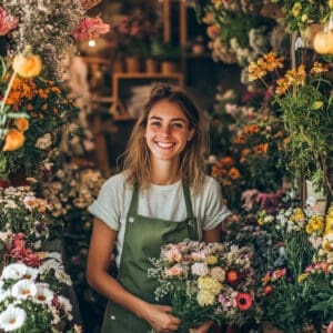 A young woman smiling while holding a bouquet of flowers in a vibrant flower shop filled with various blooms, showcasing the beauty of floral arrangements and the joy of flower shopping.