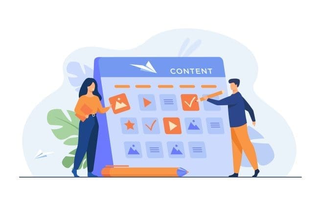Illustration of two individuals interacting with a content calendar, focusing on content planning and organization for effective digital marketing strategies.