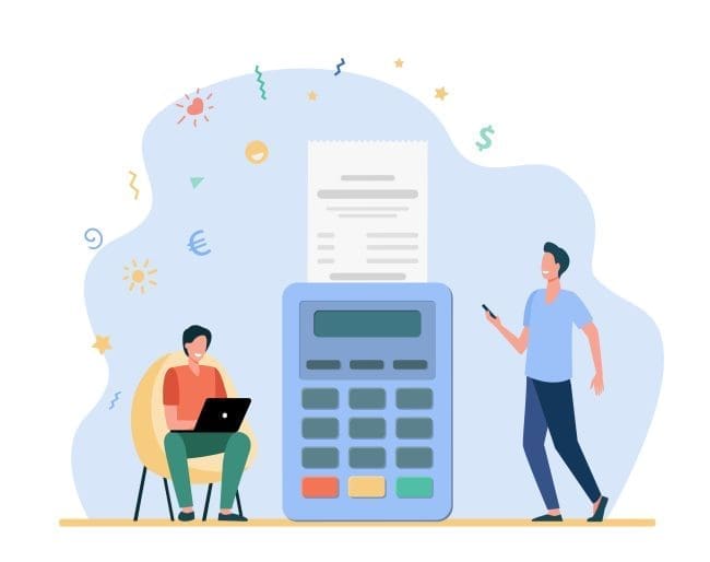 Illustration of two men engaged in financial activities, one working on a laptop while seated and the other walking with a smartphone, accompanied by a calculator and a receipt, reflecting themes of budgeting and personal finance management.