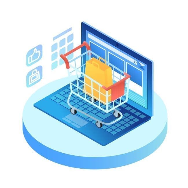Illustration of an online shopping concept featuring a shopping cart with yellow bags placed on a laptop keyboard, representing e-commerce and digital retail solutions.
