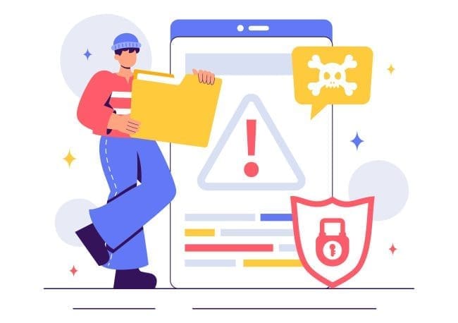 A digital illustration of a person holding a yellow folder next to a smartphone displaying a warning sign and a security icon, representing cybersecurity awareness and data protection.