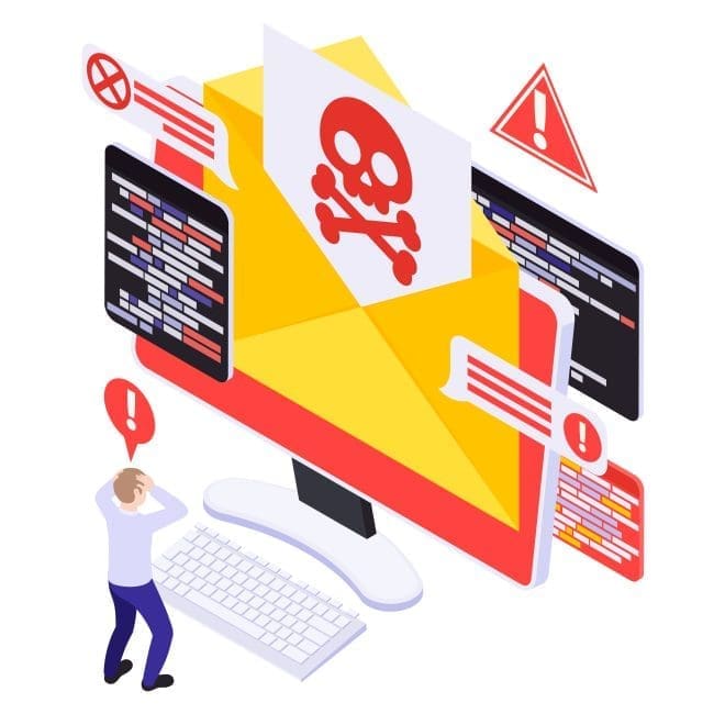 Illustration of a person in distress standing in front of a computer displaying a warning about a malware threat, with various alert messages and code snippets, emphasizing the importance of cybersecurity awareness.