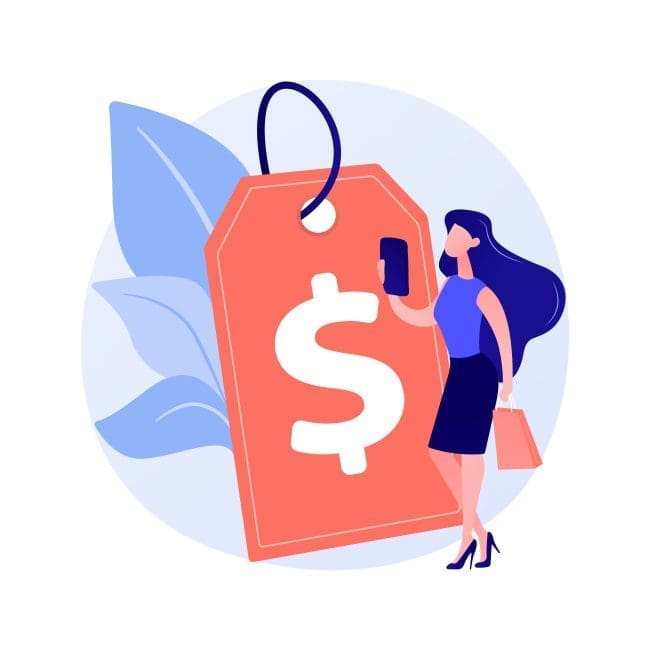 A woman holding a smartphone and shopping bag stands next to a large price tag with a dollar sign, illustrating online shopping and pricing strategies for e-commerce websites.