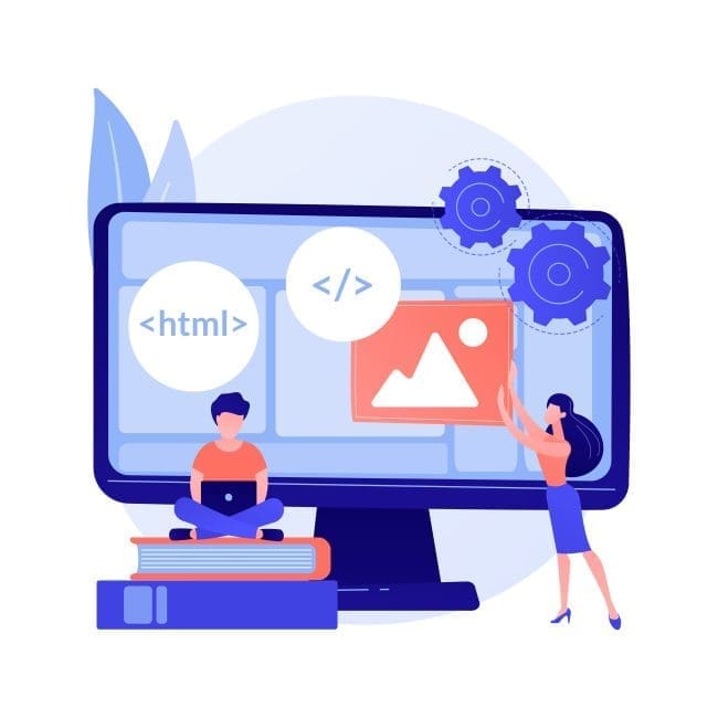 Illustration of a man sitting cross-legged with a laptop on a stack of books, while a woman adjusts an image on a computer screen, representing web development and coding concepts. Ideal for a page focused on HTML and website design.