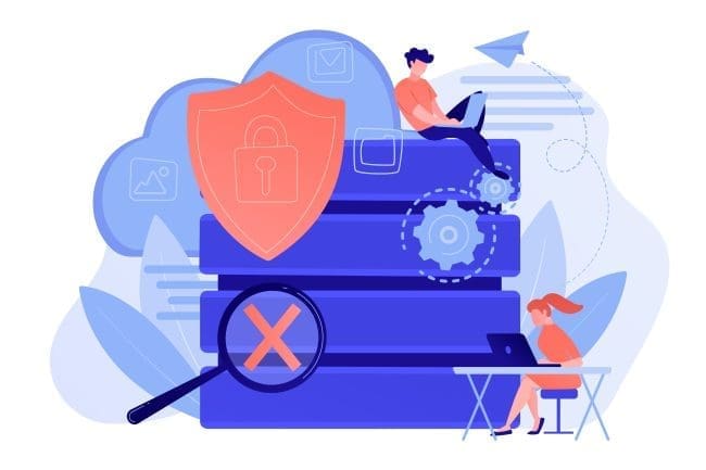 Illustration depicting cybersecurity concepts, featuring a person sitting on a stack of servers, a shield symbolizing protection, and another individual working on a laptop at a desk, all set against a backdrop of cloud icons and gears, emphasizing data security and digital privacy.