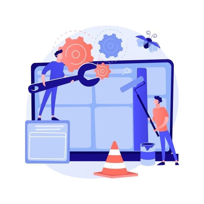 Illustration of two men performing maintenance work, one holding a wrench and adjusting gears, while the other paints a surface. The image symbolizes teamwork and productivity, ideal for a page focused on project management or workplace efficiency.