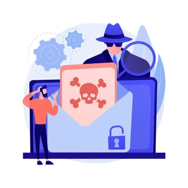 Illustration of a person looking worried while holding a phone, with a digital envelope displaying a warning symbol for malware. A detective figure in a hat examines the envelope, symbolizing cybersecurity threats and phishing risks. This image highlights the importance of digital security awareness.