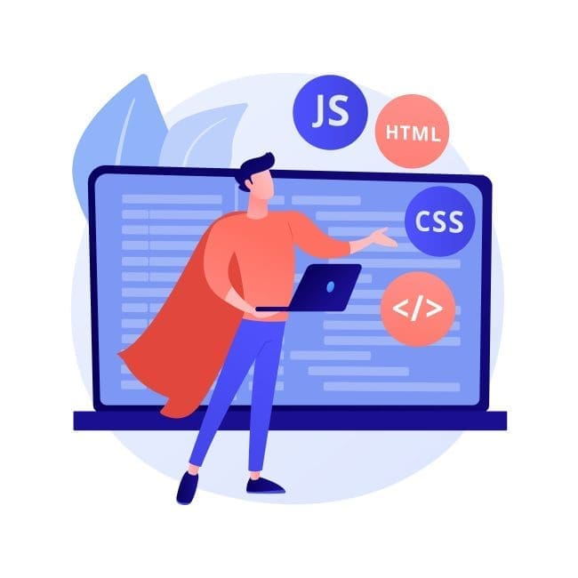 Illustration of a person wearing a superhero cape, holding a laptop while presenting web development concepts like HTML, CSS, and JavaScript, emphasizing the importance of coding skills in modern technology.