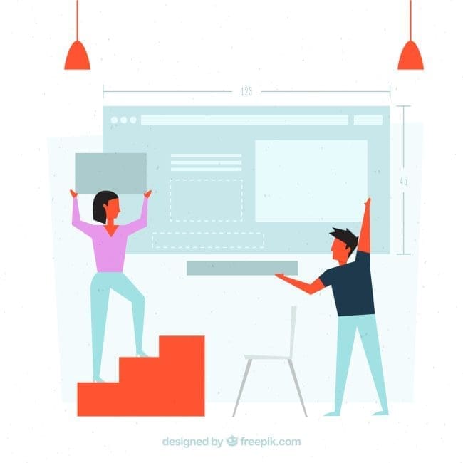 Illustration of two people collaborating on a web design project, one standing on a step stool holding a screen and the other gesturing towards a layout, symbolizing teamwork and creativity in digital development.