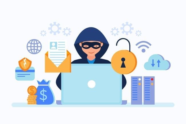 Illustration of a hacker in a hoodie working on a laptop, surrounded by symbols of cybersecurity threats such as an unlocked padlock, a shield, money bags, and data icons, representing the risks of online security breaches.