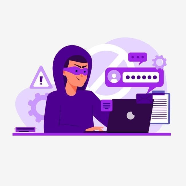 Illustration of a hacker in a purple hoodie working on a laptop, surrounded by warning icons and encrypted messages, representing cybersecurity threats and online safety.