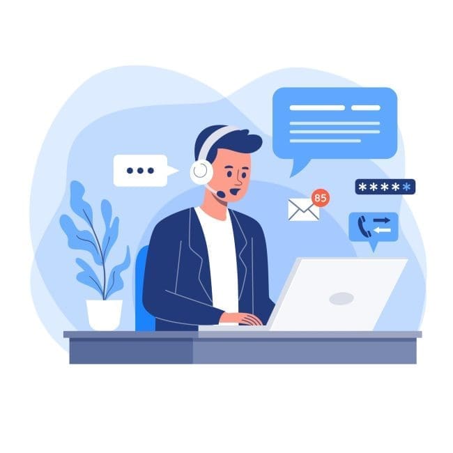 Customer service representative using a headset while typing on a laptop, engaged in online communication with message notifications and a plant in the background. Ideal for illustrating remote work or customer support concepts.
