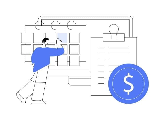 Illustration of a man interacting with a digital calendar on a computer screen, accompanied by a checklist and a dollar sign icon, representing financial planning and scheduling in a business context.
