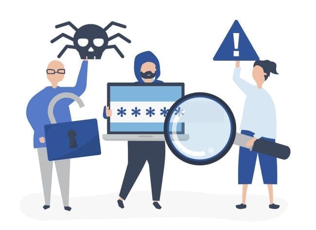 Three characters representing cybersecurity concepts: one holding a skull and spider, another displaying a laptop with hidden passwords, and a third raising a warning sign. This image illustrates key elements of online security awareness and the importance of protecting sensitive information.