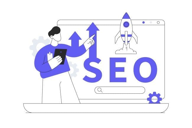 Illustration of a person analyzing SEO strategies on a digital tablet, with upward arrows and a rocket symbolizing growth and progress in online visibility. This image supports content about optimizing website rankings and improving search engine performance.