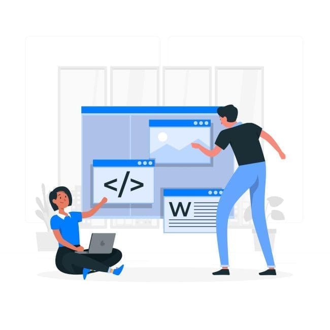 Wordpress Maintenance News - Two individuals collaborating on web development, one sitting with a laptop and the other standing, pointing at a large screen displaying coding and design elements. This image illustrates teamwork in technology and digital design.