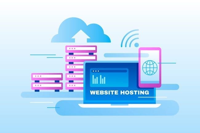 Illustration depicting website hosting services, featuring a laptop displaying website analytics alongside cloud storage and server racks, symbolizing the digital infrastructure for online businesses.