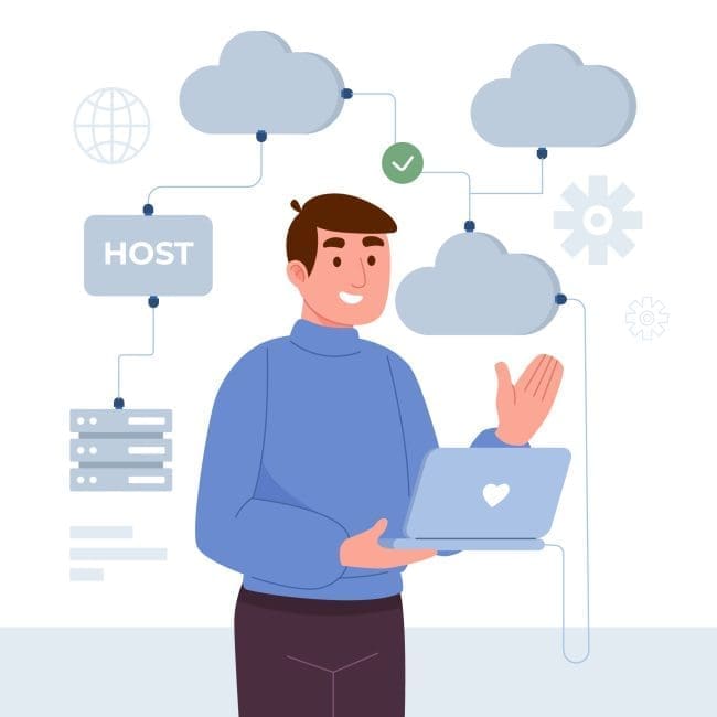 A smiling man in a blue sweater holding a laptop, illustrating cloud hosting concepts with icons representing servers, cloud storage, and connectivity, suitable for a technology or web hosting services page.