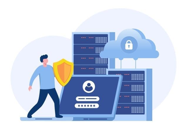 Illustration of a man holding a shield next to a laptop displaying a login screen, with server racks and a cloud symbol in the background, representing cybersecurity and data protection concepts.