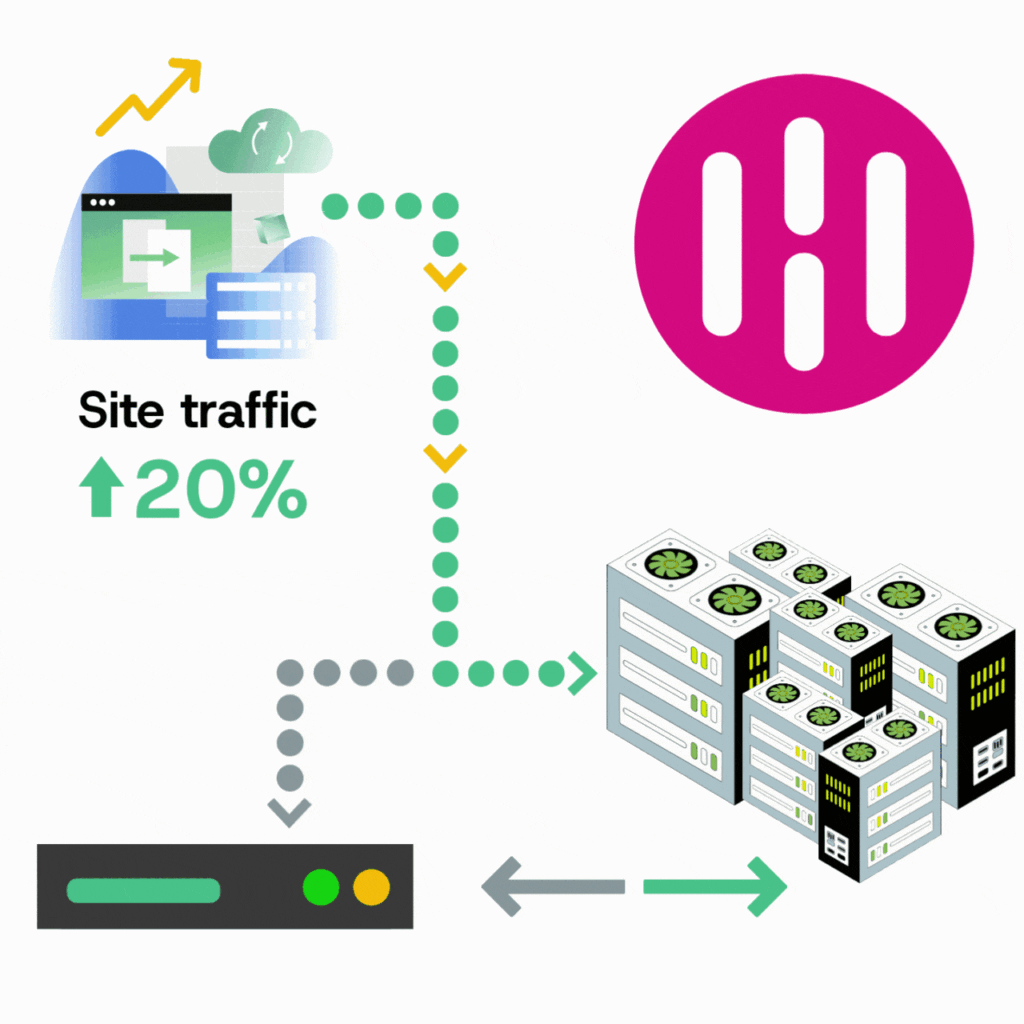 Illustration depicting an increase in site traffic by 20%, showcasing a server setup with data flow, representing effective web hosting solutions. Ideal for a page focused on enhancing website performance and traffic growth strategies.