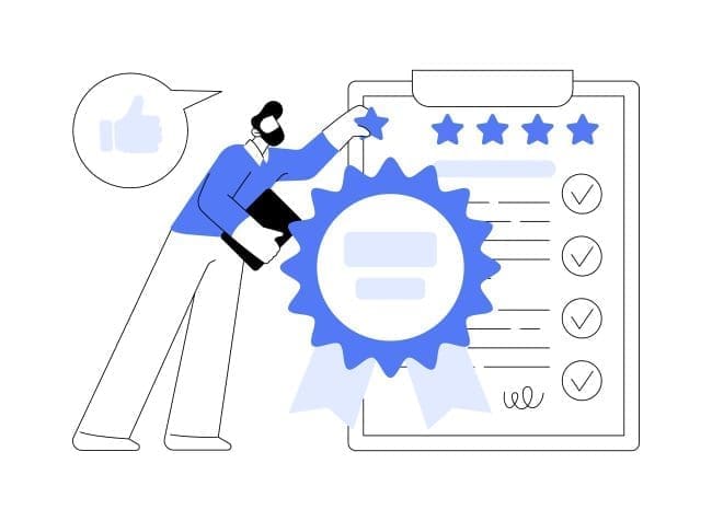 Illustration of a man in a blue shirt giving a five-star rating on a review checklist, symbolizing customer satisfaction and feedback in a business context.