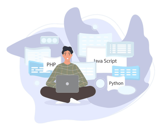 Illustration of a young man sitting cross-legged with a laptop, surrounded by coding languages such as PHP, JavaScript, and Python, representing the theme of programming and software development.