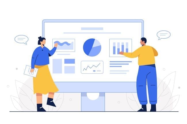 Two professionals analyzing data on a large screen, showcasing graphs and charts, ideal for a business presentation or analytical report.
