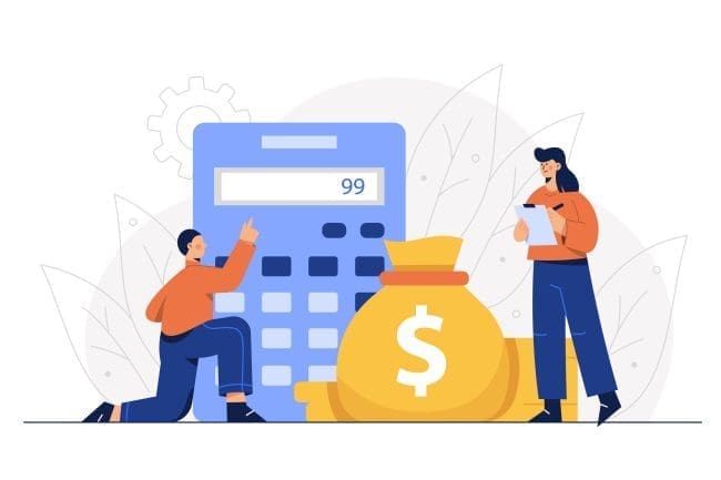 Illustration of two individuals engaged in financial planning, featuring a calculator displaying the number 99 and a large money bag symbolizing budgeting and savings strategies. This image supports content related to personal finance management and budgeting tips.