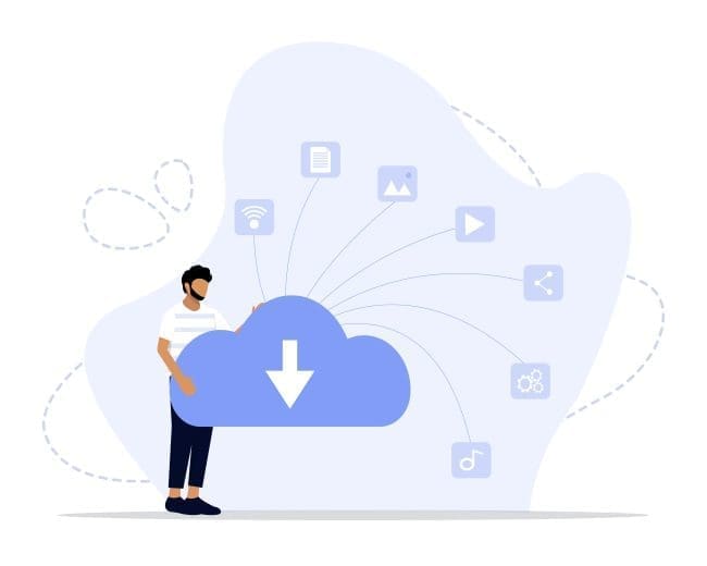 Illustration of a person downloading files from a cloud storage service, showcasing various media icons like documents, images, and videos, emphasizing the benefits of cloud technology for data management and accessibility.
