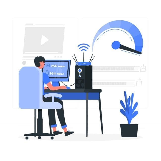 A person sitting at a desk using a computer to monitor internet speeds, displaying upload and download rates, with a wireless router and a plant in the background, illustrating the importance of fast internet connections for home or office use.