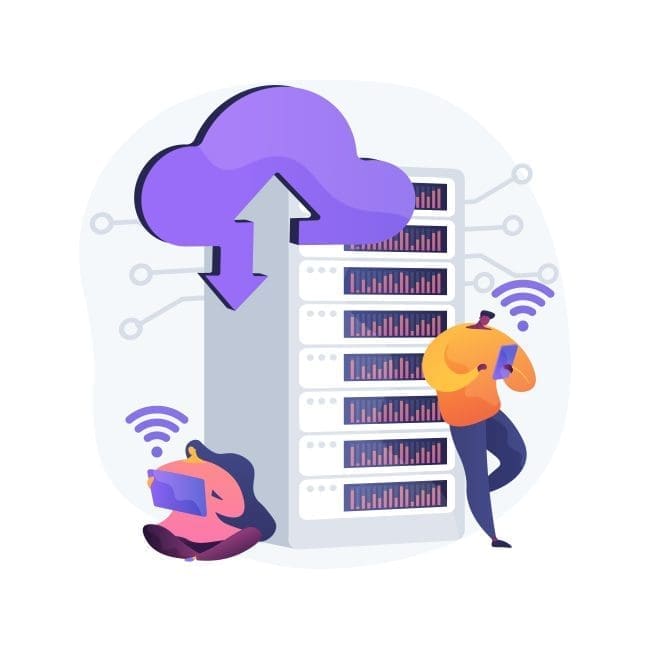 Illustration of two people interacting with a cloud computing server, highlighting the concept of data upload and download. The image features a purple cloud symbol above a server rack, with one person using a tablet while seated and another standing with a smartphone, representing modern technology and connectivity in cloud services.
