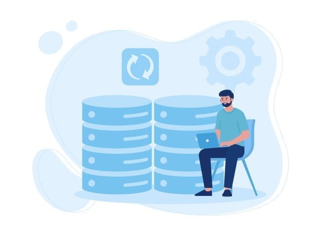 Illustration of a man sitting on a chair using a laptop in front of stacked data servers, representing database management and IT solutions in a modern digital environment.