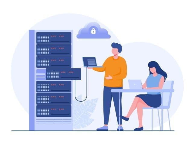 Two professionals working with server technology in an office setting. One person is standing and presenting data on a tablet while the other is seated at a desk using a laptop, illustrating teamwork in IT and data management. Cloud security icon in the background emphasizes the focus on cybersecurity.