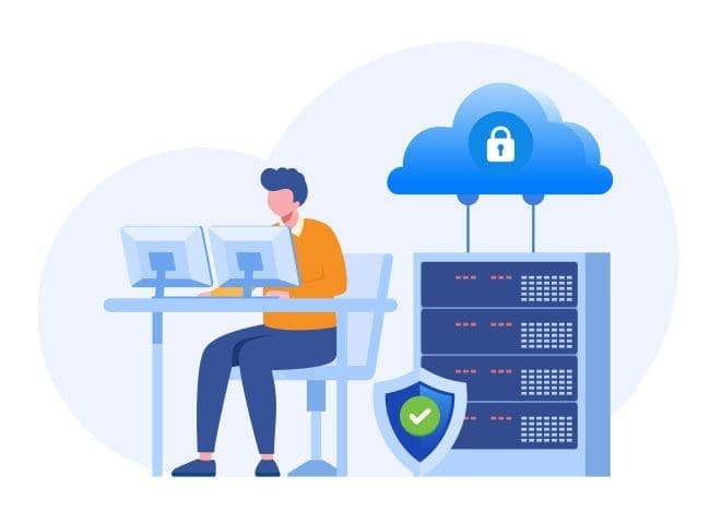 A person working at a desk with two computer monitors, surrounded by cloud computing graphics and a secure server, illustrating the concept of cybersecurity and data protection in a modern workplace.