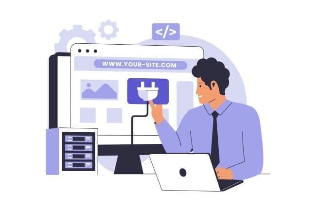 A professional man in a blue shirt demonstrating a website connection on a computer screen, showcasing web development and plugin integration for digital services.